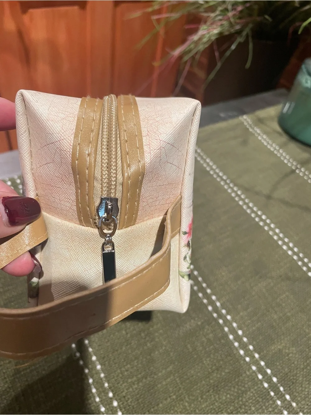 Beige London Print Cosmetic Bag with Gold Handle